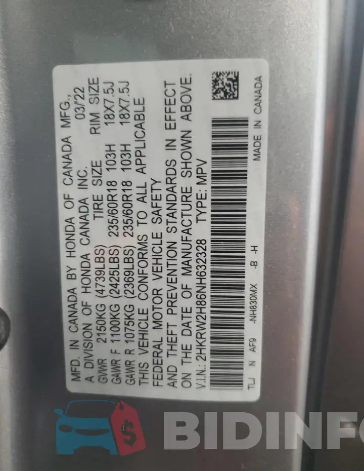 2HKRW2H86NH632328 Photo# 14