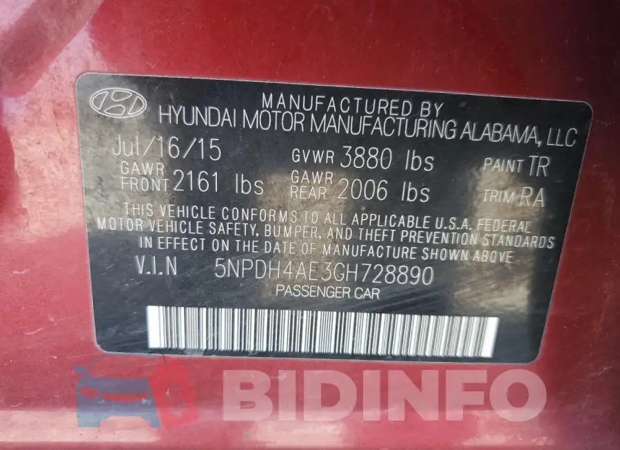 5NPDH4AE3GH728890 Photo# 12