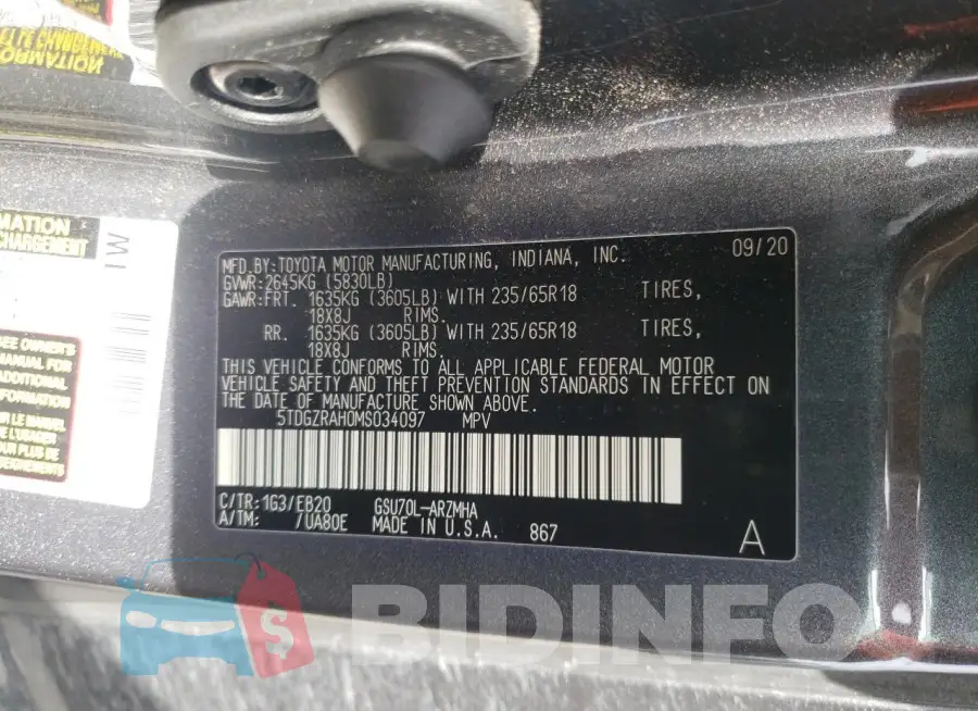 5TDGZRAH0MS034097 Photo# 13