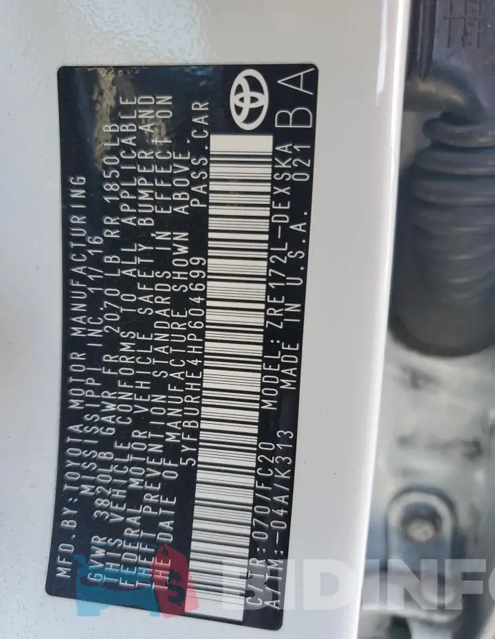 5YFBURHE4HP604699 Photo# 12