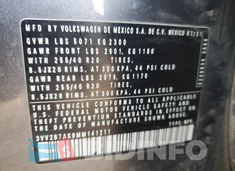 3VV2B7AX9MM141211 Photo# 13