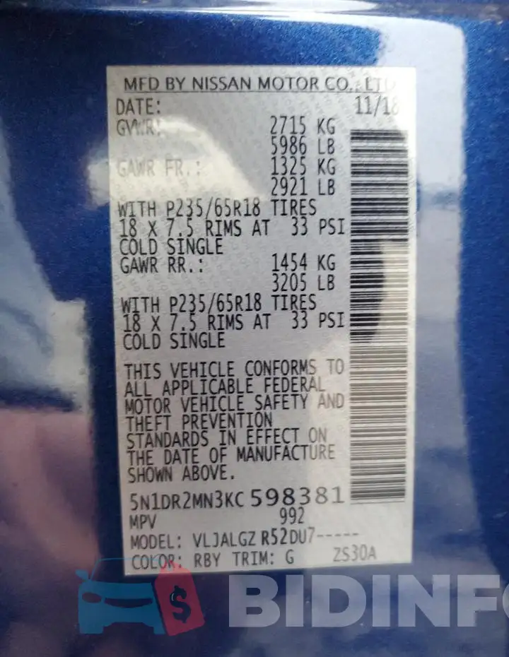 5N1DR2MN3KC598381 Photo# 13