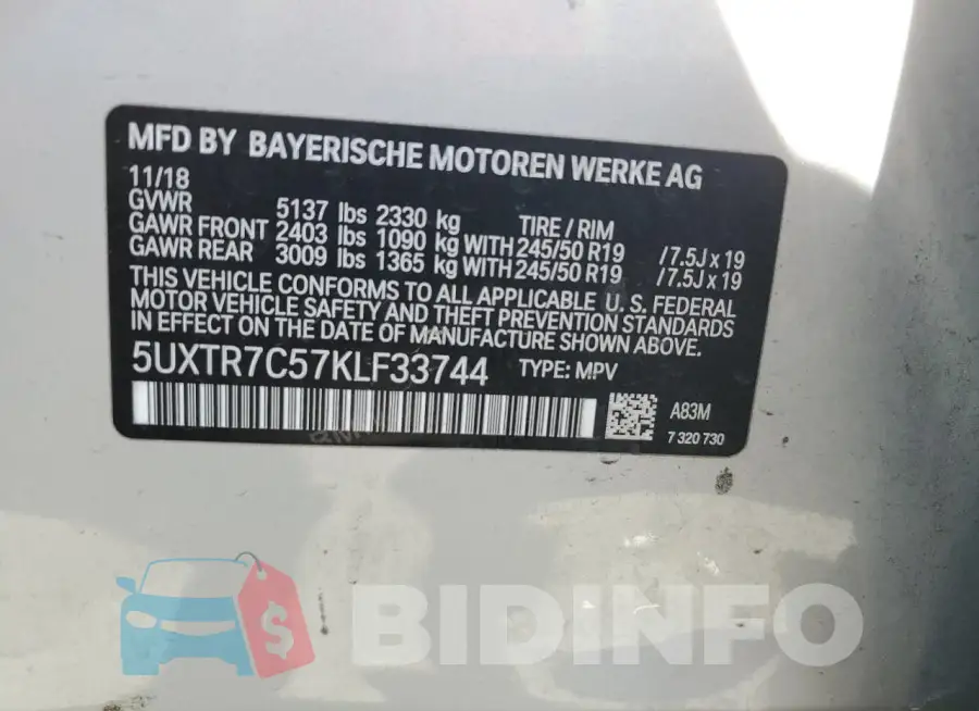 5UXTR7C57KLF33744 Photo# 13