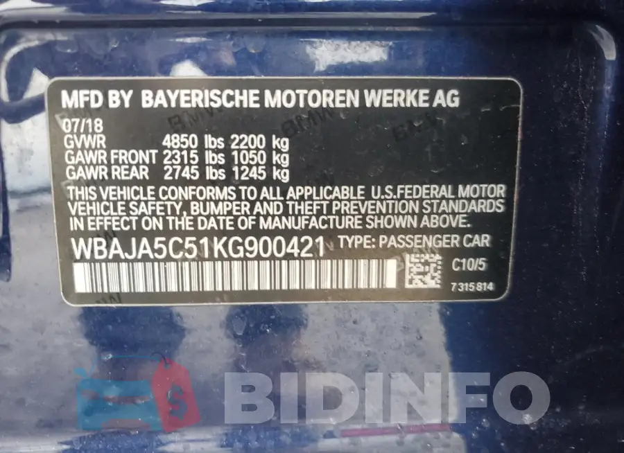 WBAJA5C51KG900421 Photo# 13