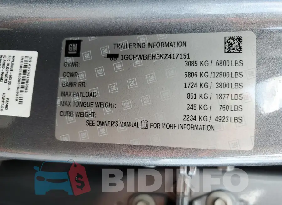 1GCPWBEH3KZ417151 Photo# 12
