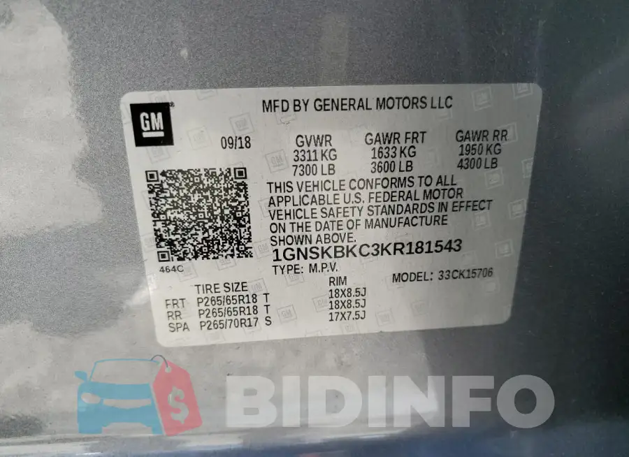 1GNSKBKC3KR181543 Photo# 14