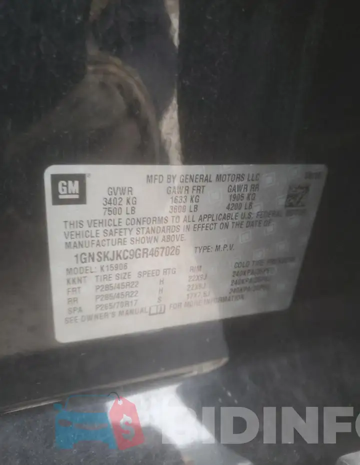 1GNSKJKC9GR467026 Photo# 13