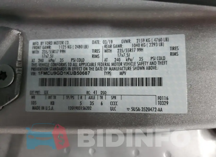 1FMCU9GD1KUB50687 Photo# 13