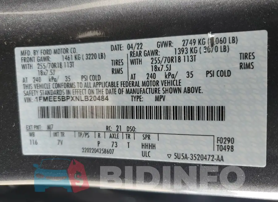 1FMEE5BPXNLB20484 Photo# 14