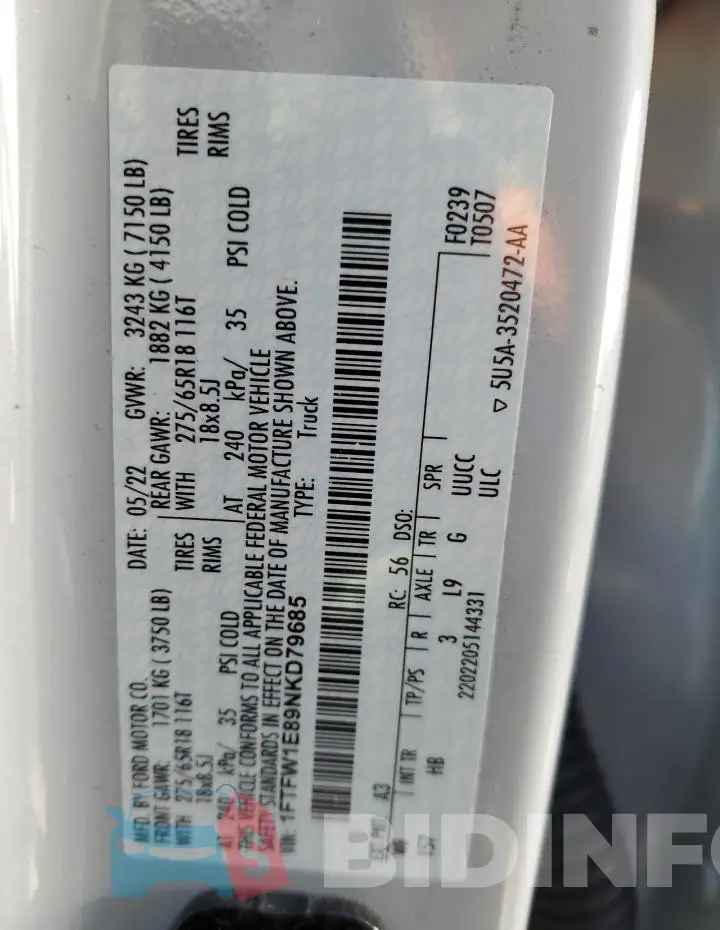 1FTFW1E89NKD79685 Photo# 12