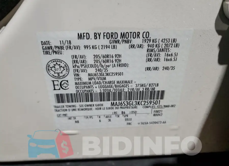 MAJ6S3GL3KC259501 Photo# 13