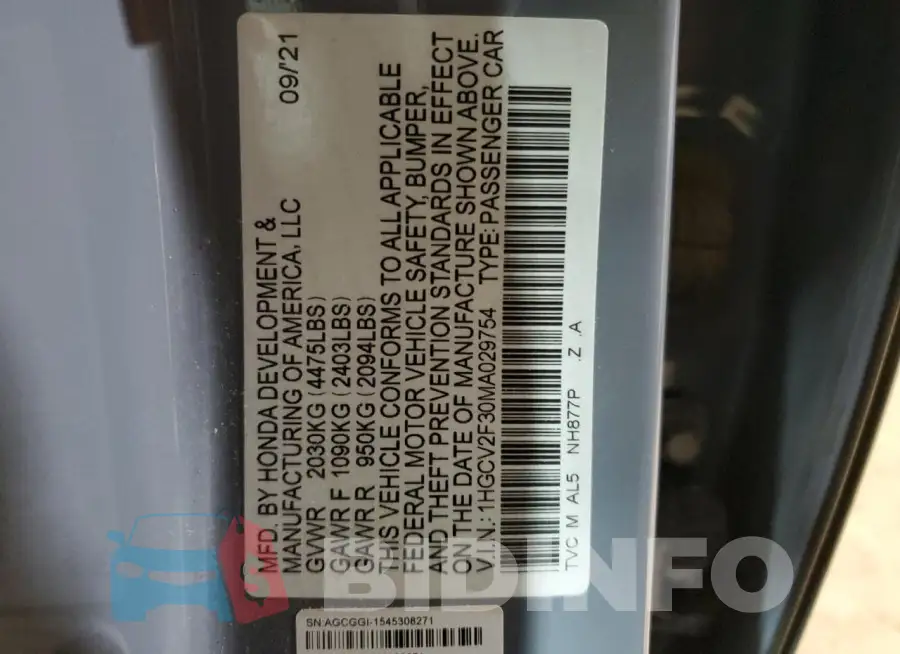 1HGCV2F30MA029754 Photo# 13