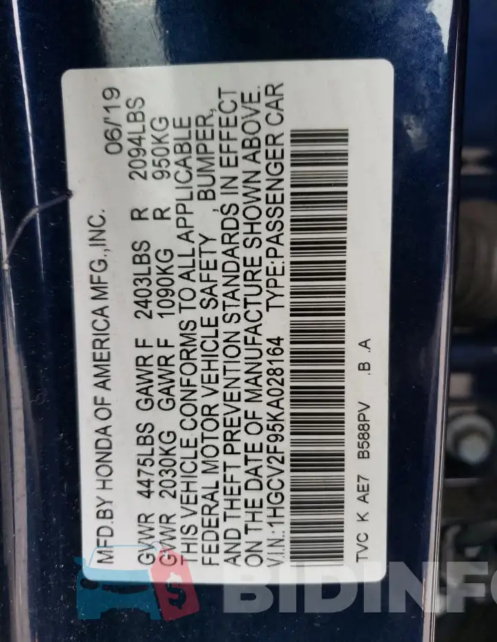 1HGCV2F95KA028164 Photo# 12