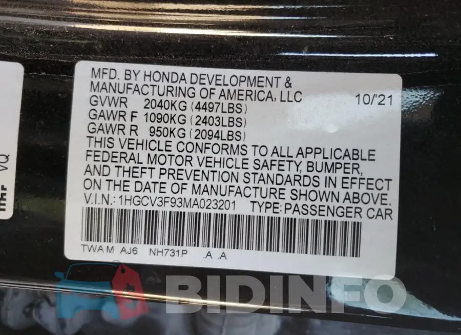 1HGCV3F93MA023201 Photo# 12