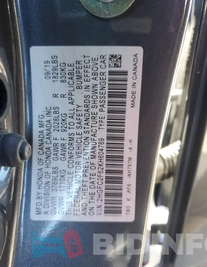 2HGFC2F62KH604769 Photo# 12