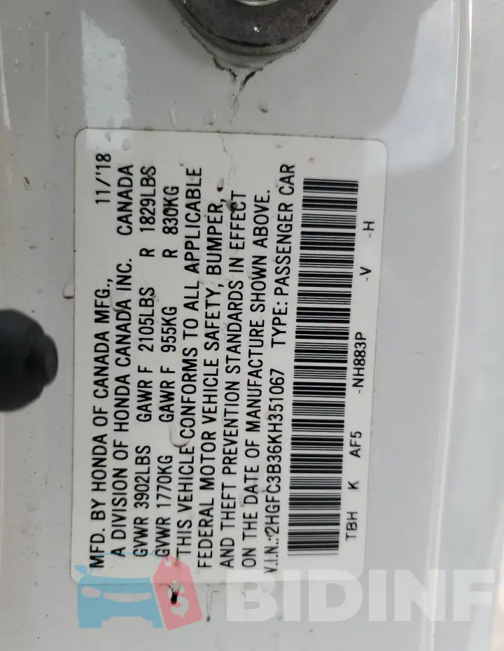 2HGFC3B36KH351067 Photo# 13