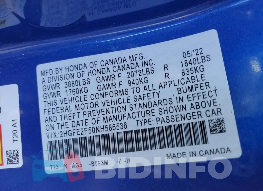 2HGFE2F50NH586536 Photo# 13