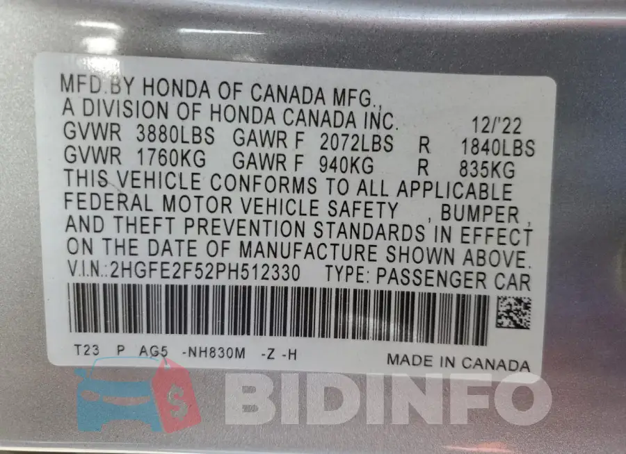 2HGFE2F52PH512330 Photo# 12