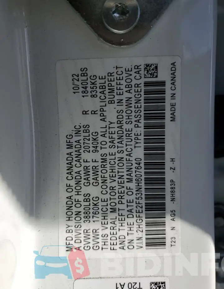 2HGFE2F53NH607640 Photo# 12