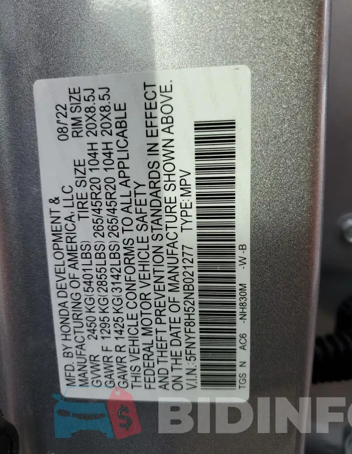 5FNYF8H52NB021277 Photo# 12