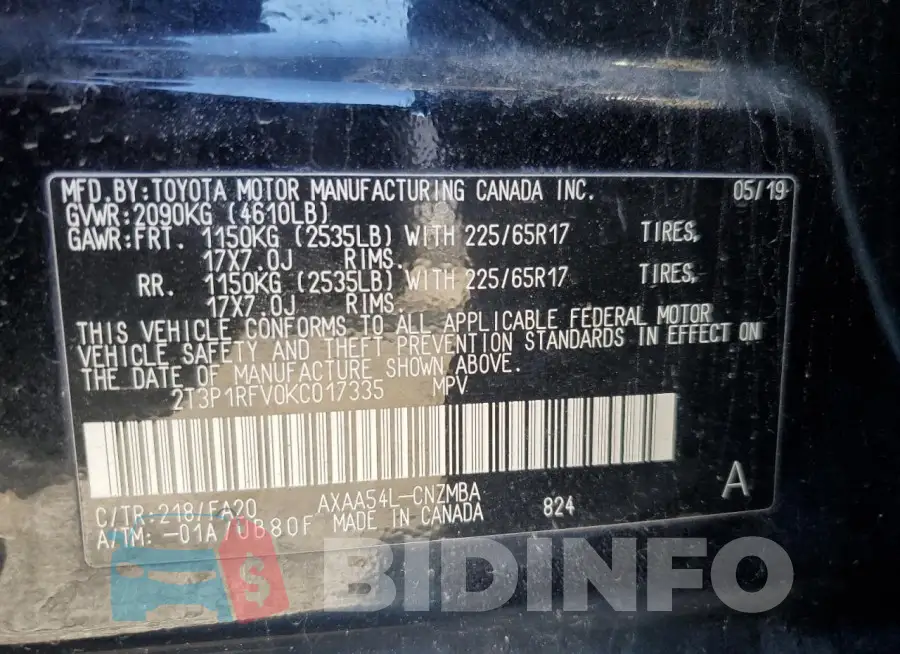 2T3P1RFV0KC017335 Photo# 13