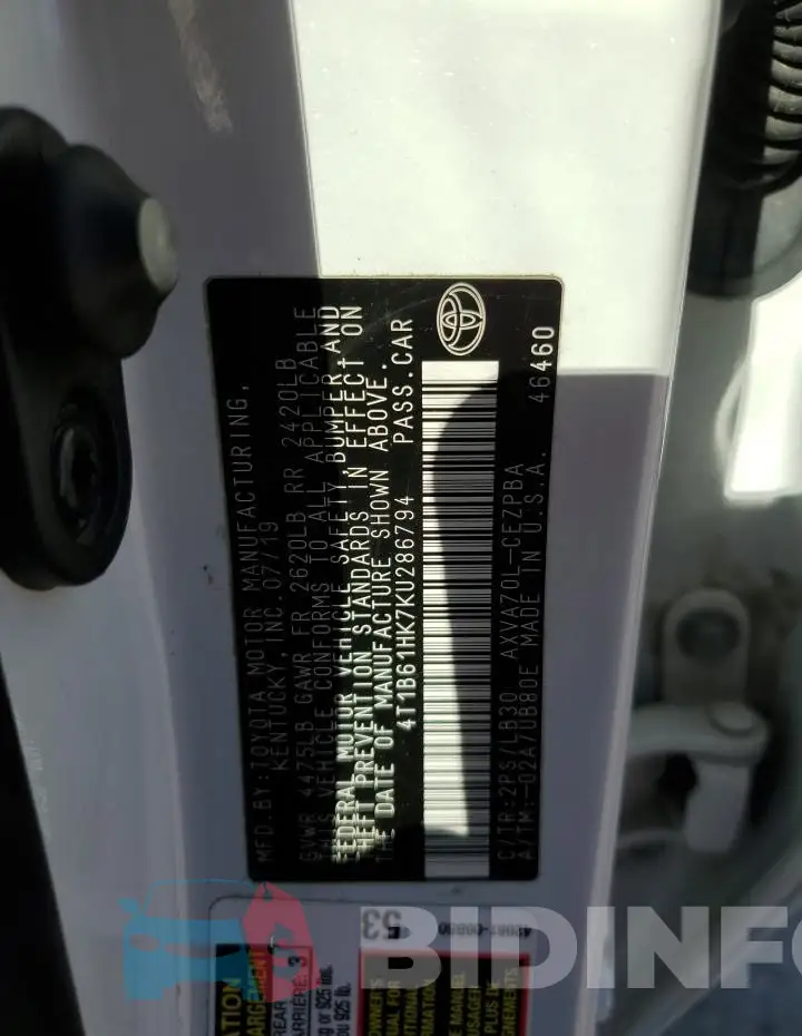 4T1B61HK7KU286794 Photo# 12