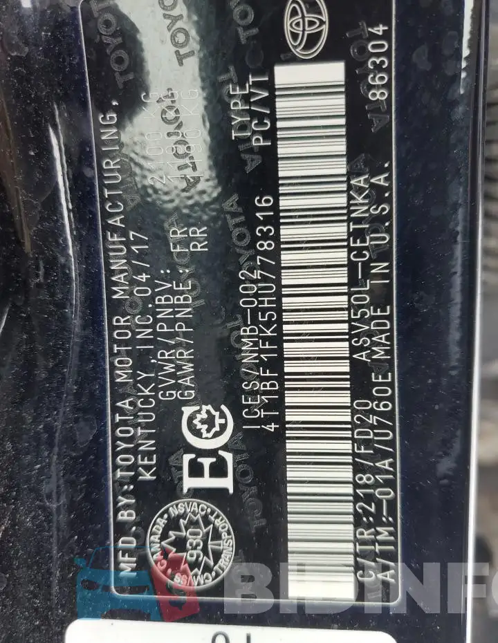 4T1BF1FK5HU778316 Photo# 12