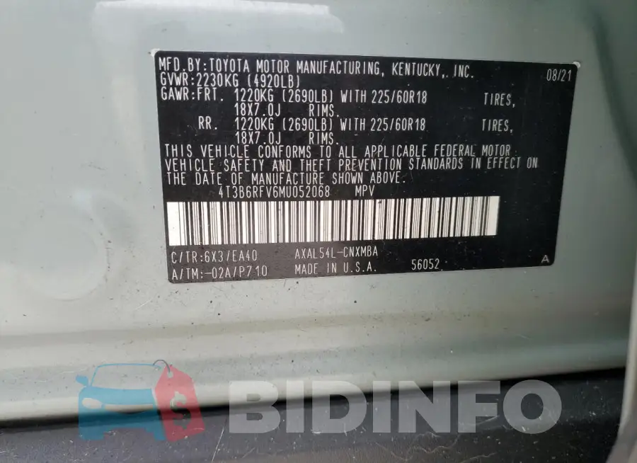 4T3B6RFV6MU052068 Photo# 13