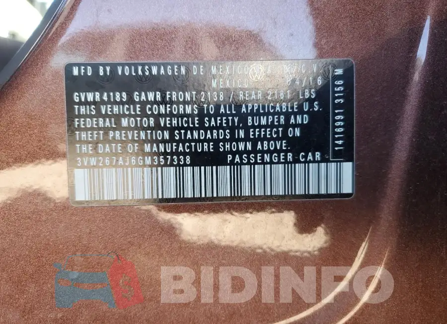 3VW267AJ6GM357338 Photo# 12