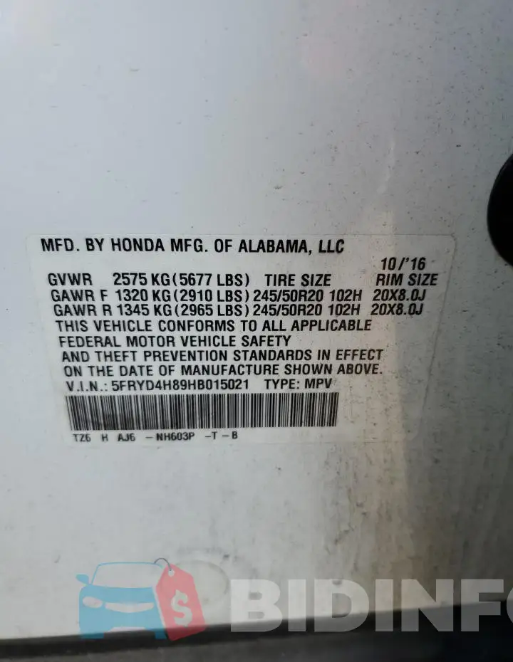 5FRYD4H89HB015021 Photo# 14