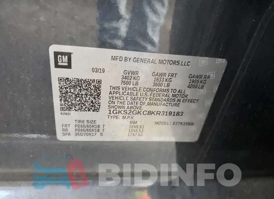 1GKS2GKC8KR319183 Photo# 12