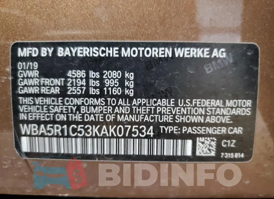 WBA5R1C53KAK07534 Photo# 13