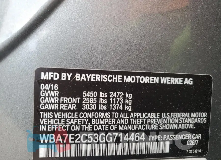 WBA7E2C53GG714464 Photo# 12