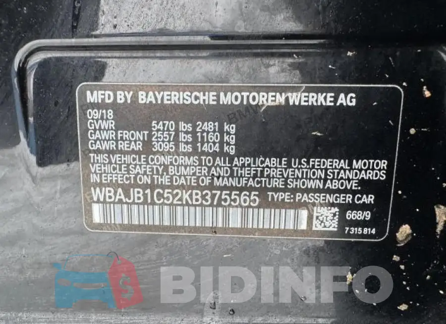 WBAJB1C52KB375565 Photo# 10