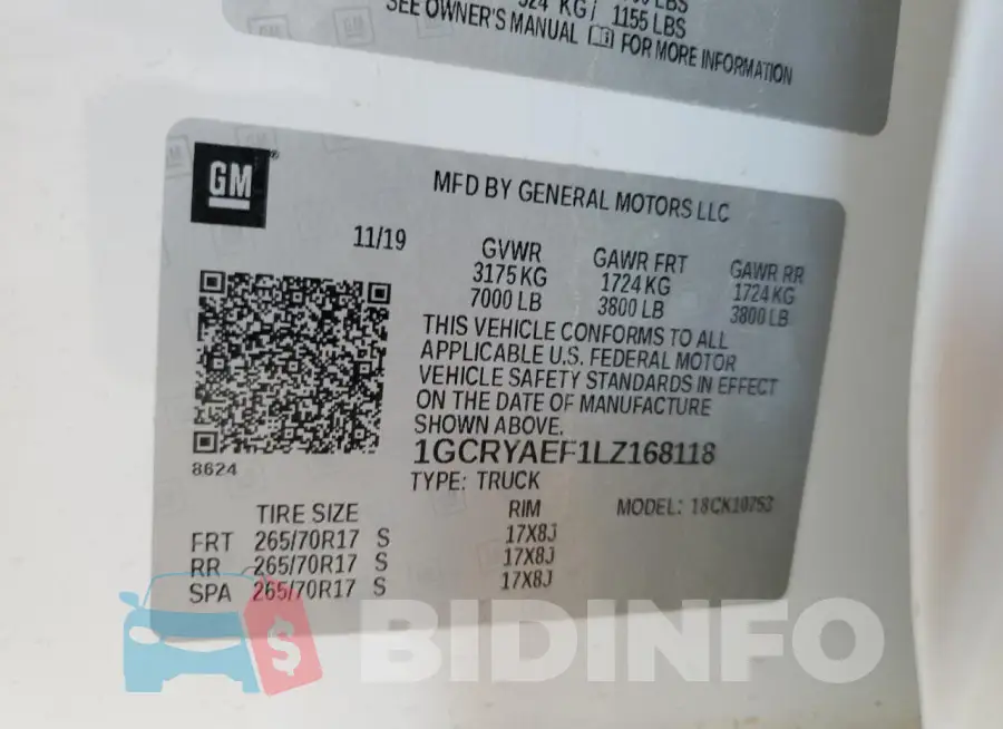 1GCRYAEF1LZ168118 Photo# 12