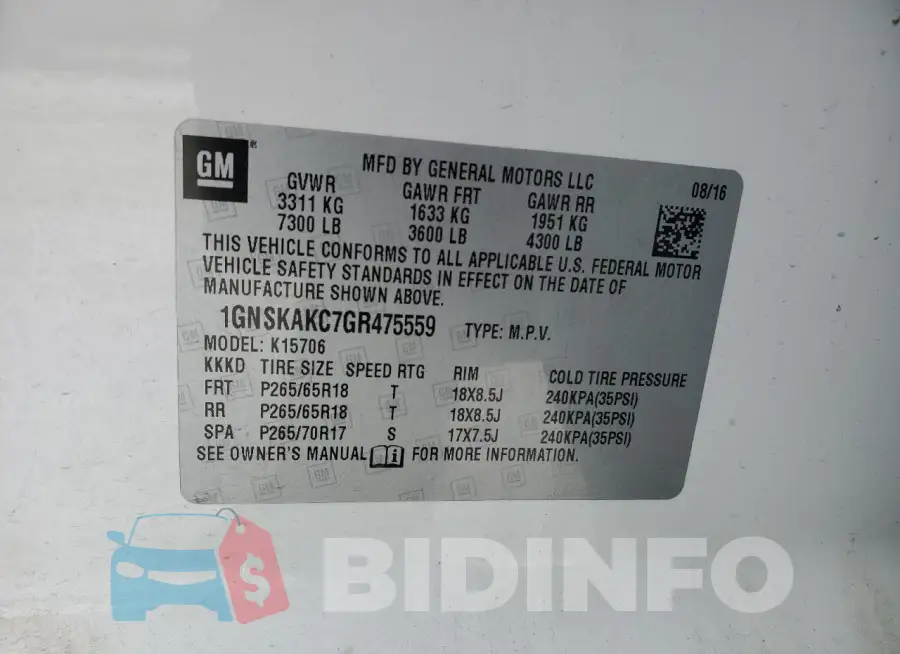 1GNSKAKC7GR475559 Photo# 13