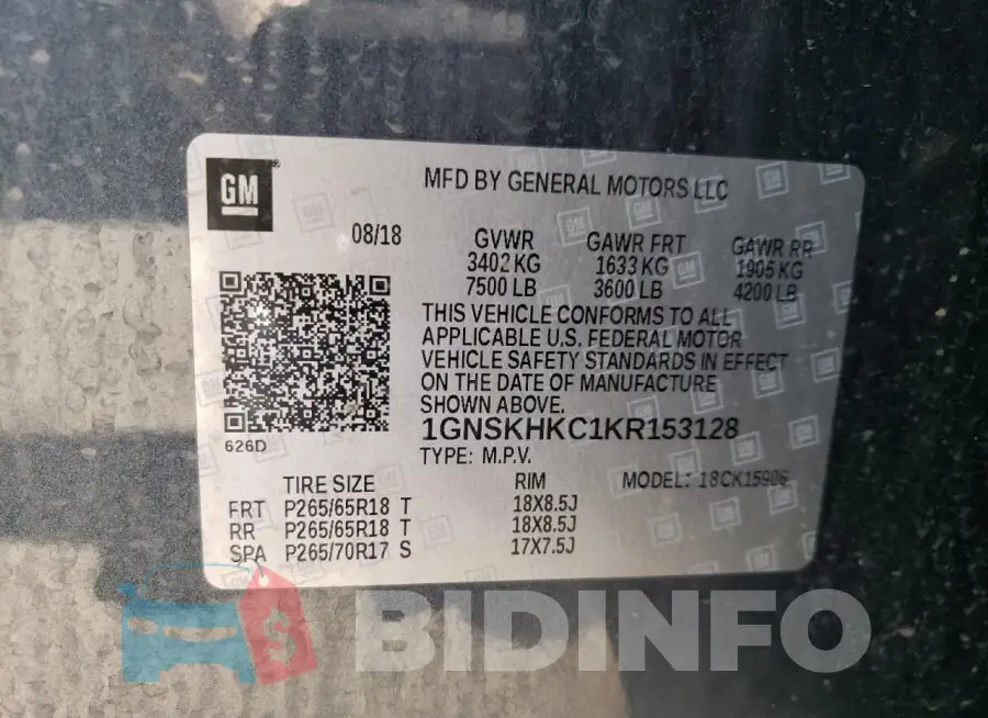 1GNSKHKC1KR153128 Photo# 13