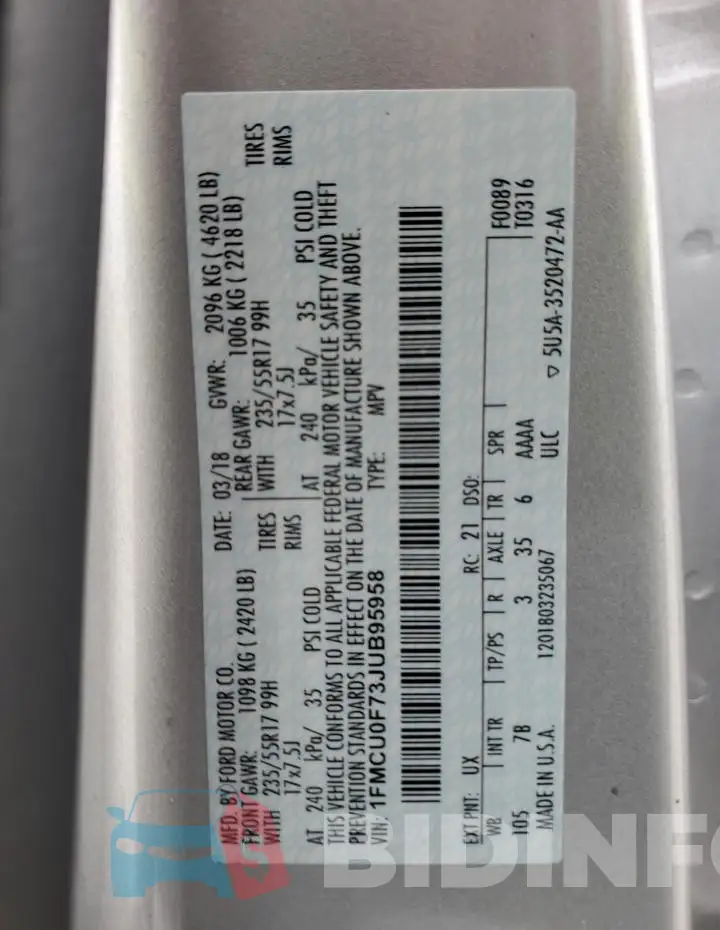 1FMCU0F73JUB95958 Photo# 13