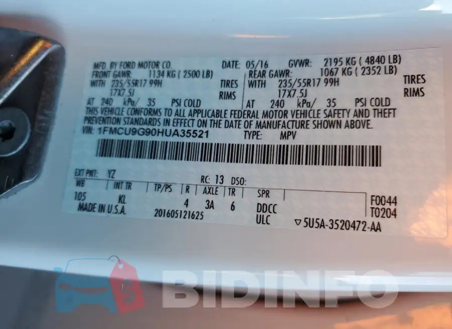 1FMCU9G90HUA35521 Photo# 13