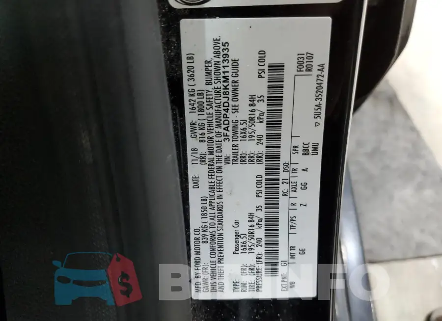 3FADP4DJ8KM113935 Photo# 12
