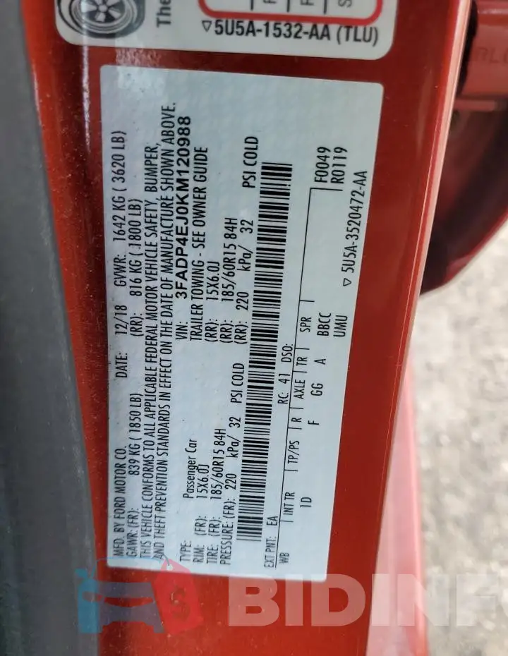 3FADP4EJ0KM120988 Photo# 12