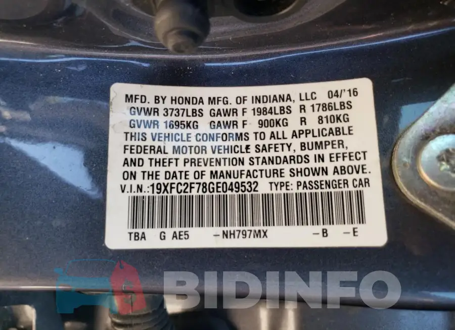 19XFC2F78GE049532 Photo# 12
