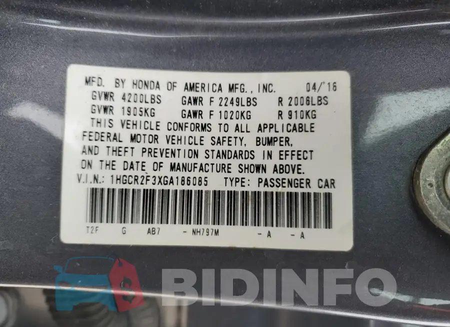 1HGCR2F3XGA186085 Photo# 12