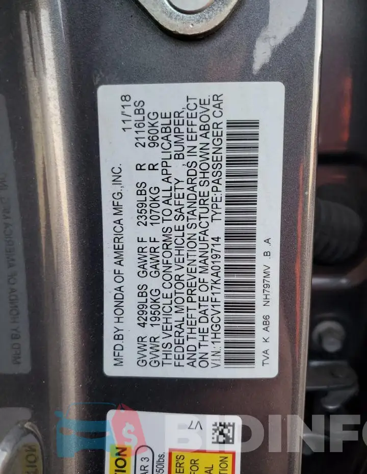 1HGCV1F17KA019714 Photo# 12