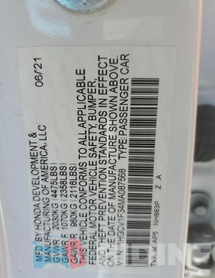 1HGCV1F34MA087568 Photo# 12