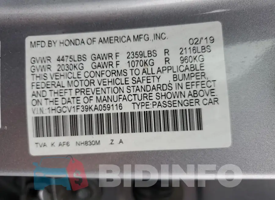 1HGCV1F39KA059116 Photo# 12