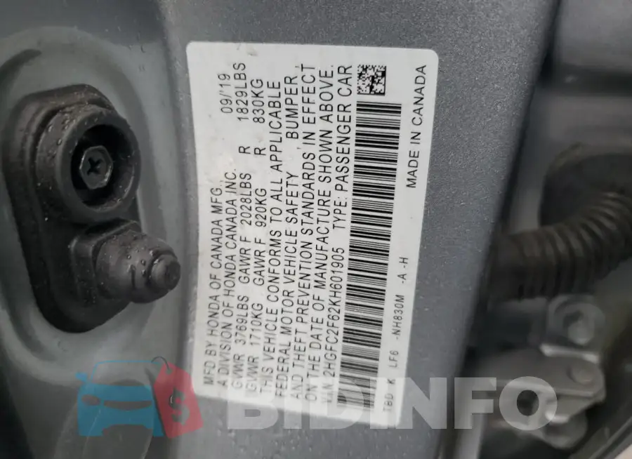 2HGFC2F62KH601905 Photo# 12