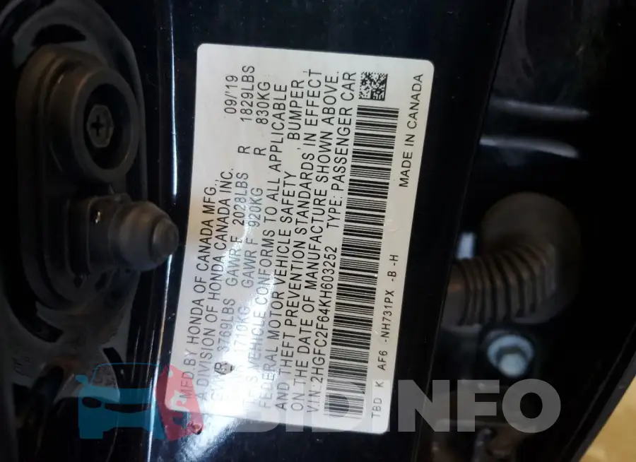 2HGFC2F64KH603252 Photo# 12