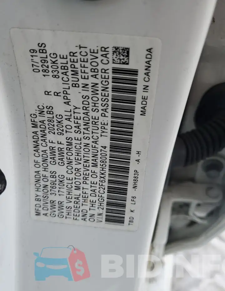 2HGFC2F6XKH580074 Photo# 12