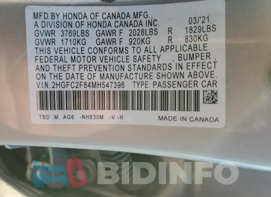 2HGFC2F84MH547396 Photo# 13